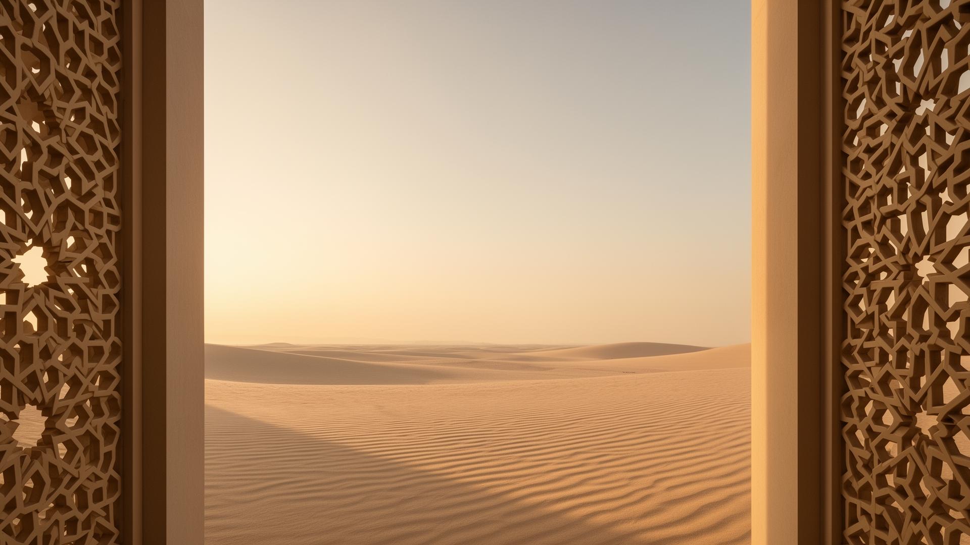Mashrabiya frame opening to the desert at golden hour